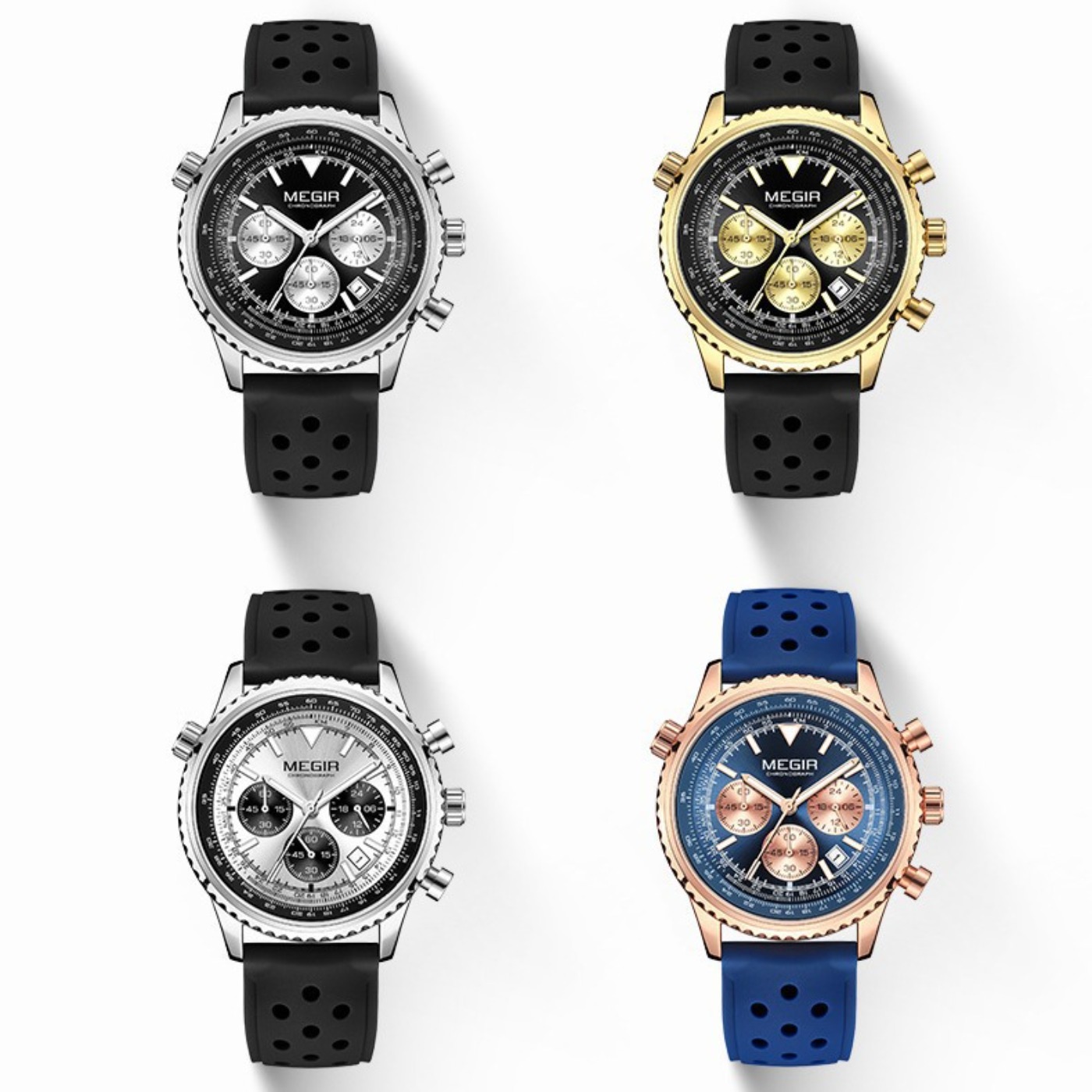 Chronograph Sport Watch - MEGIR Gümüş Siyah Kuvars İzle Erkekler